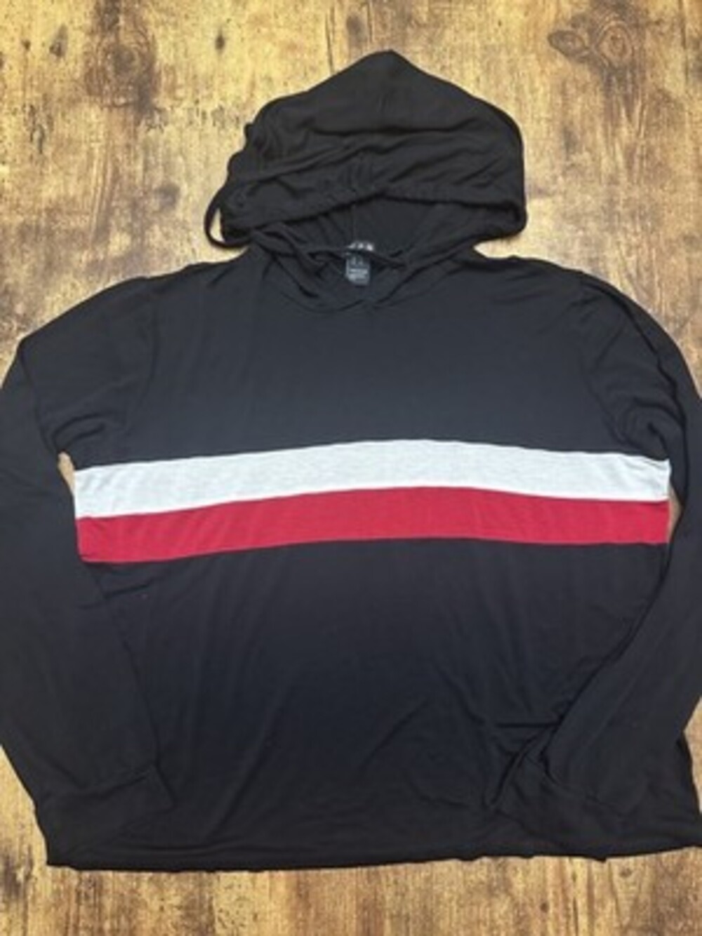 J2B Men's Black Lightweight Hooded Long Sleeve Tee with Chest Stripes